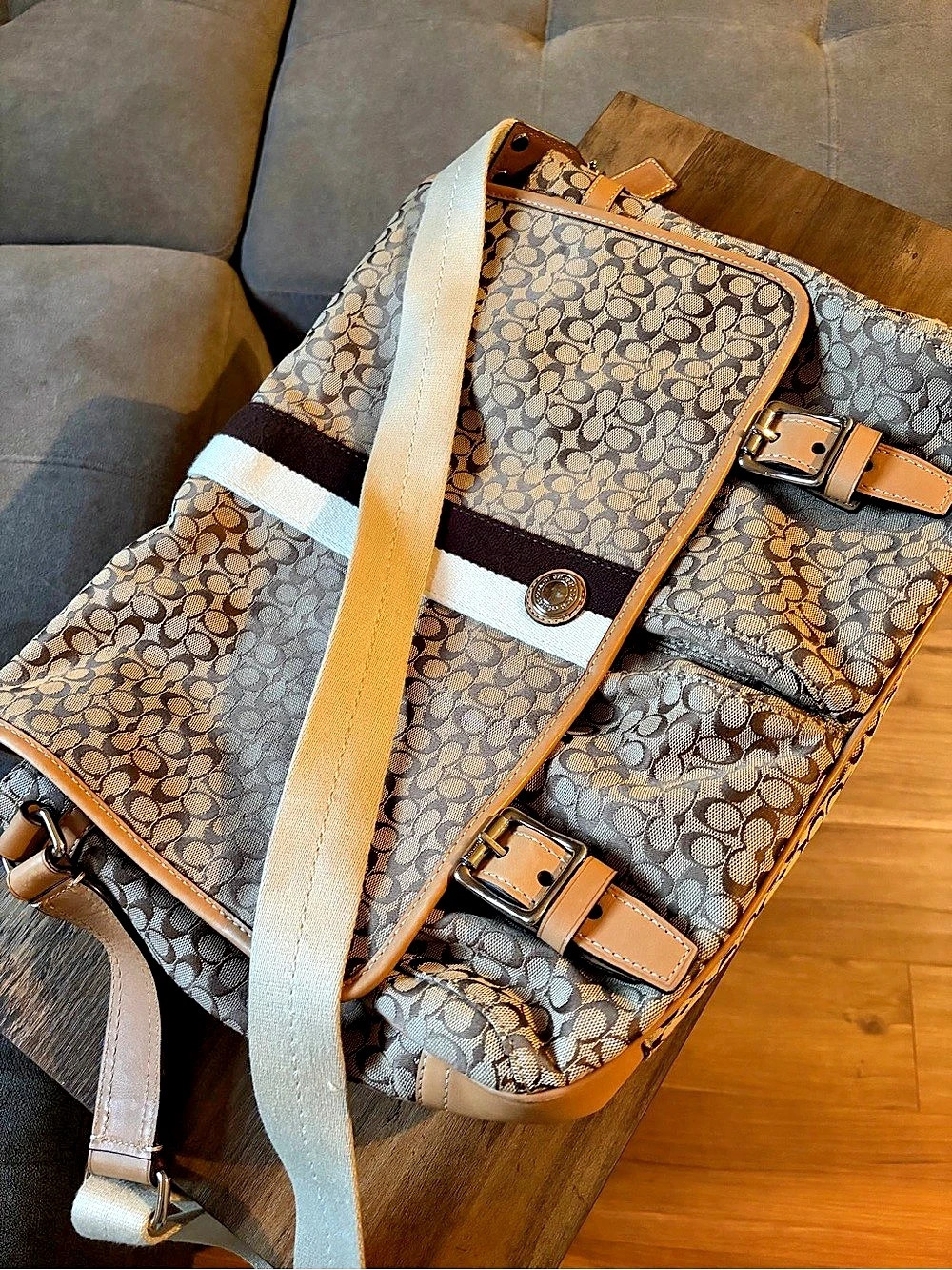 Vintage Coach Signature Canvas Heritage Stripe Messenger Bag